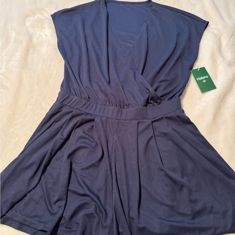 NWT Halara Navy Blue V Neck Short Sleeve Pocket Romper